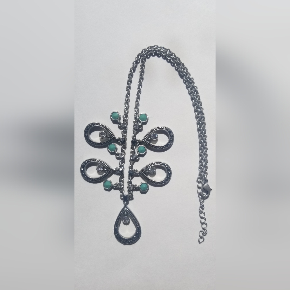 Vintage Marcasite Crystal Faux Turquoise Teardrop Necklace